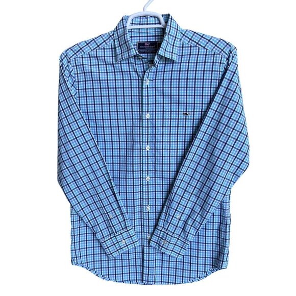Vineyard Vines Mens S Gingham Blue Teal Plaid Classic Fit Tucker Shirt Preppy - Picture 3 of 12